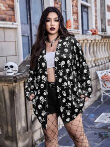 ROMWE PUNK 大碼骷髅頭圖案開門襟絲絨外套 - 黑與白 - 查看 1