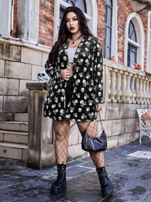 ROMWE PUNK 大碼骷髅頭圖案開門襟絲絨外套 - 黑與白 - 查看 3