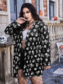 ROMWE PUNK 大碼骷髅頭圖案開門襟絲絨外套 - 黑與白 - 查看 4