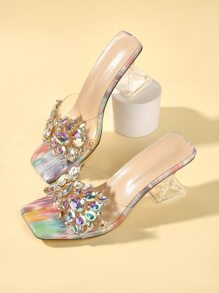 Sandalias de tacón de pirámide con decoración de diamantes de imitación para mujer, sandalias de tacón de verano glamorosas - transparente - Ver 4