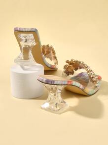 Sandalias de tacón de pirámide con decoración de diamantes de imitación para mujer, sandalias de tacón de verano glamorosas - transparente - Ver 5