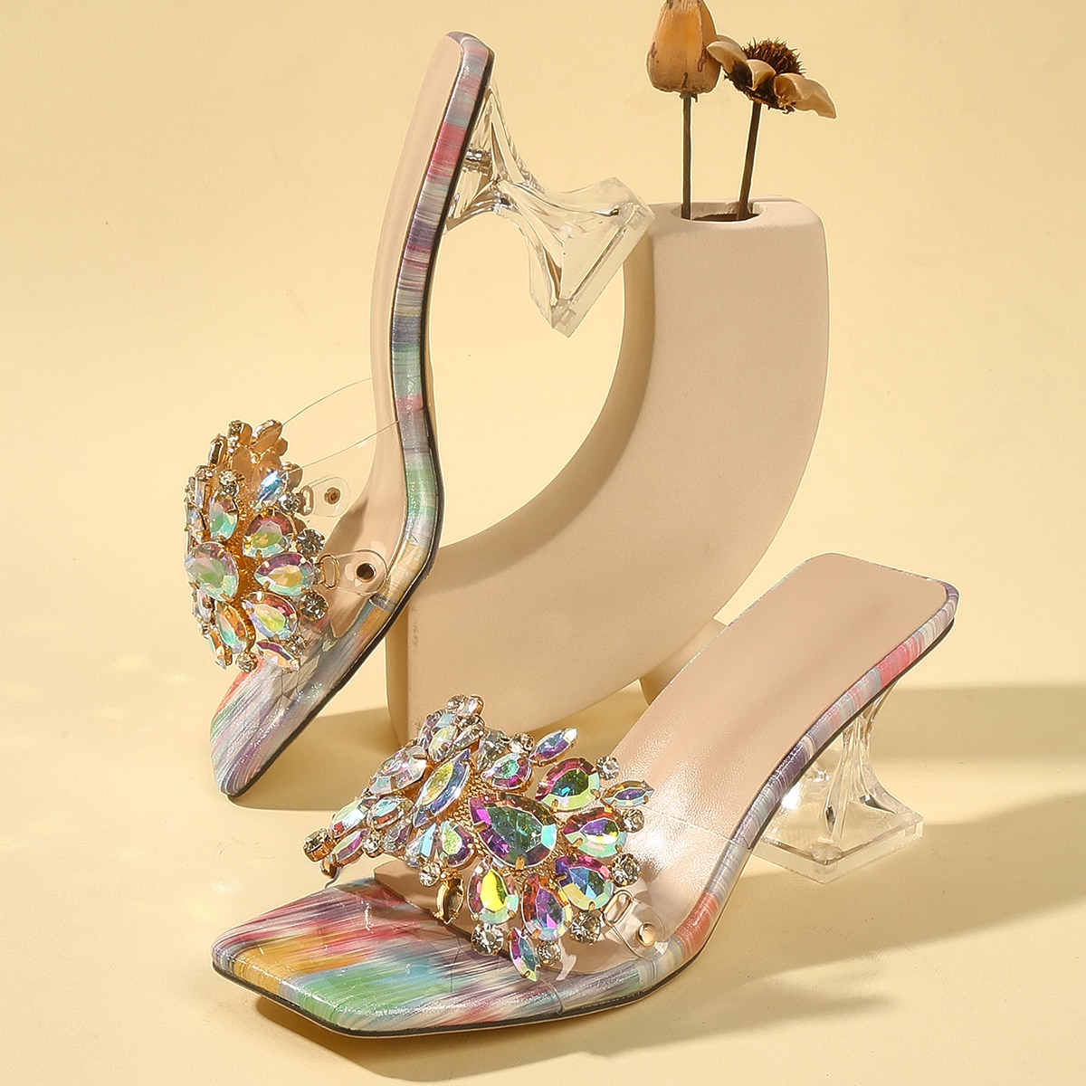 Sandalias de tacón de pirámide con decoración de diamantes de imitación para mujer, sandalias de tacón de verano glamorosas
