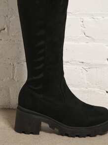 Faux Leather Lug Sole Block Heel Boots - Black - View 2