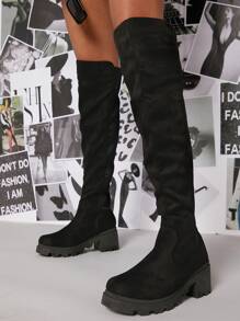 Faux Leather Lug Sole Block Heel Boots - Black - View 1