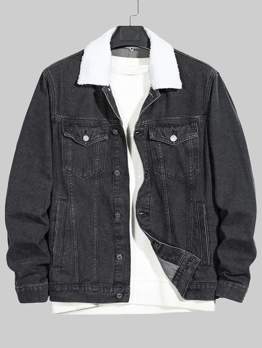 Manfinity Men Borg Collar Flap Pocket Denim Jacket Without Tee - Black - View 1