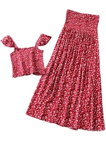 SHEIN Unity Top fruncido con estampado floral de margarita con falda de muslo con abertura - Rojo - Ver 2