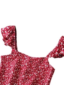 SHEIN Unity Top fruncido con estampado floral de margarita con falda de muslo con abertura - Rojo - Ver 5