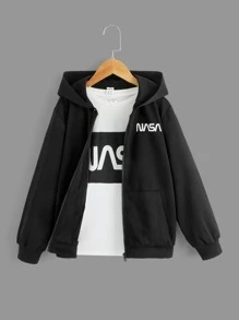 SHEIN Áo nỉ tay dài có khóa kéo, vai rớt, in chữ, dành cho bé trai tuổi teen. - màu đen - Xem 1