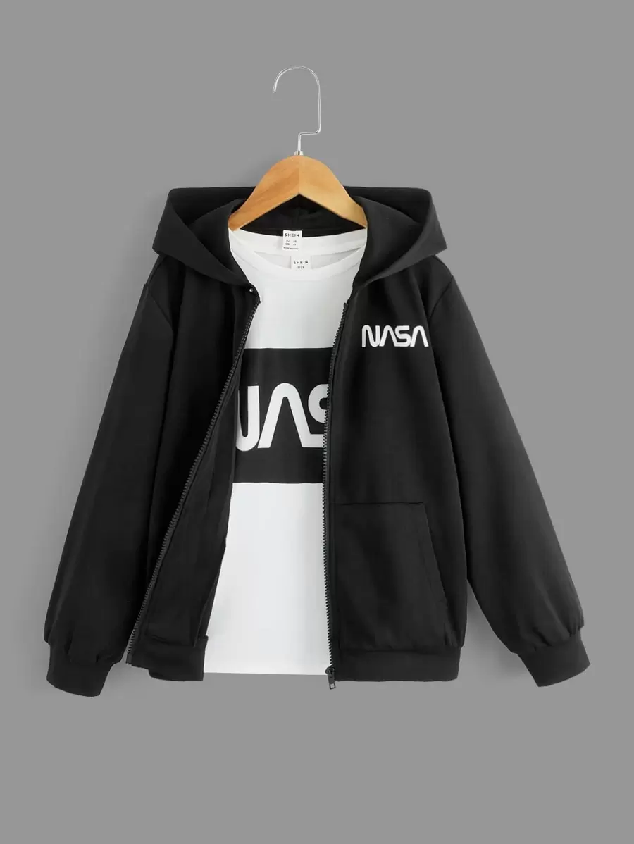 SHEIN Áo nỉ tay dài có khóa kéo, vai rớt, in chữ, dành cho bé trai tuổi teen. - màu đen - Xem 1