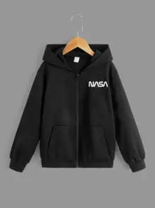 SHEIN Áo nỉ tay dài có khóa kéo, vai rớt, in chữ, dành cho bé trai tuổi teen. - màu đen - Xem 4