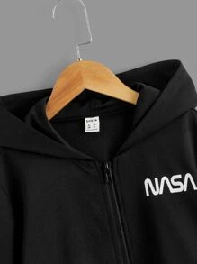 SHEIN Áo nỉ tay dài có khóa kéo, vai rớt, in chữ, dành cho bé trai tuổi teen. - màu đen - Xem 5