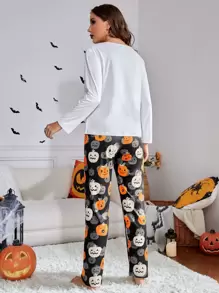 Conjunto de pijama Halloween con estampado calabaza & de slogan - Multicolor - Ver 2