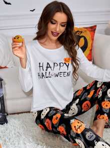 Conjunto de pijama Halloween con estampado calabaza & de slogan - Multicolor - Ver 1