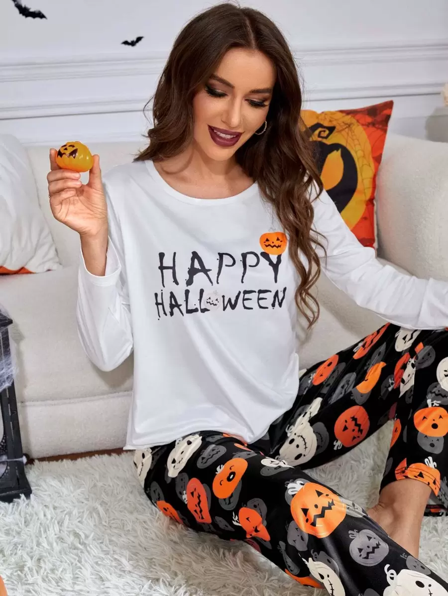 Conjunto de pijama Halloween con estampado calabaza & de slogan - Multicolor - Ver 1