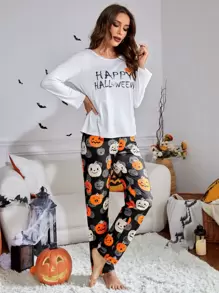 Conjunto de pijama Halloween con estampado calabaza & de slogan - Multicolor - Ver 4