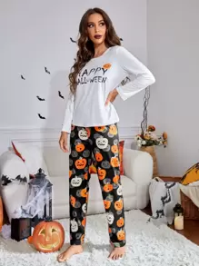 Conjunto de pijama Halloween con estampado calabaza & de slogan - Multicolor - Ver 5