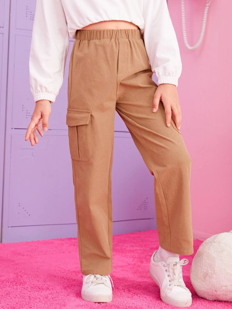 SHEIN Girls Flap Pocket Side Trousers - Camel - View 1