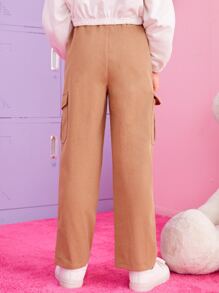 SHEIN Girls Flap Pocket Side Trousers - Camel - View 2