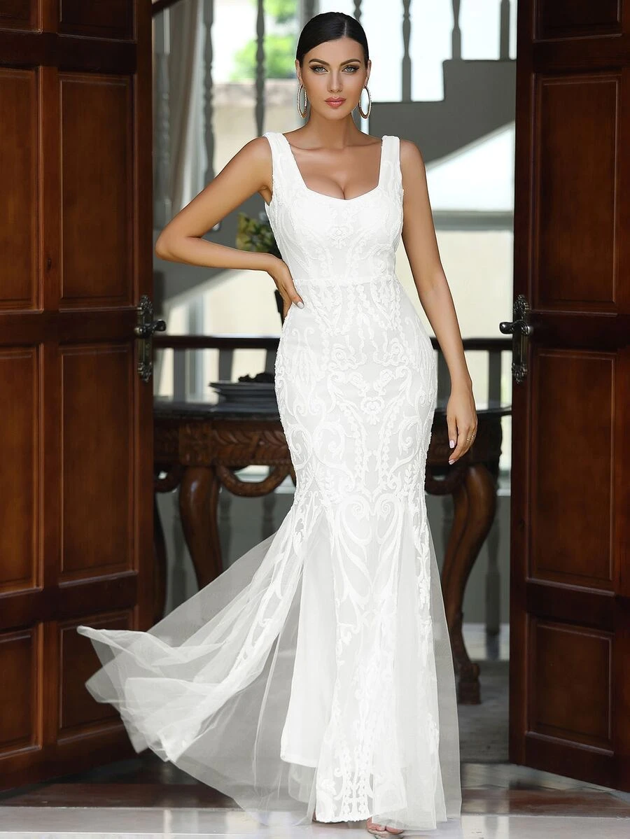 LOVE&LEMONADE 魚尾裙下擺網紗亮片連衣裙 - 白色 - 查看 1