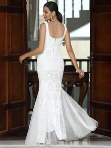 LOVE&LEMONADE 魚尾裙下擺網紗亮片連衣裙 - 白色 - 查看 2