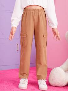 SHEIN Girls Flap Pocket Side Trousers - Camel - View 4