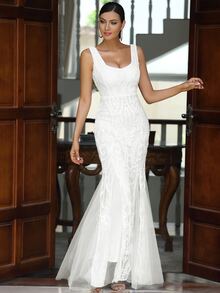 LOVE&LEMONADE 魚尾裙下擺網紗亮片連衣裙 - 白色 - 查看 3