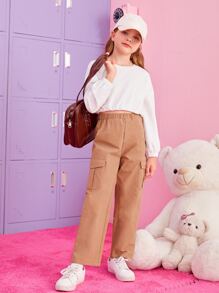 SHEIN Girls Flap Pocket Side Trousers - Camel - View 5