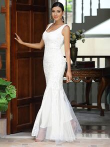 LOVE&LEMONADE 魚尾裙下擺網紗亮片連衣裙 - 白色 - 查看 4