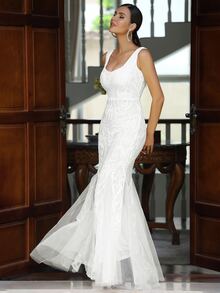 LOVE&LEMONADE 魚尾裙下擺網紗亮片連衣裙 - 白色 - 查看 5