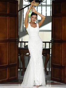 LOVE&LEMONADE 魚尾裙下擺網紗亮片連衣裙 - 白色 - 查看 6