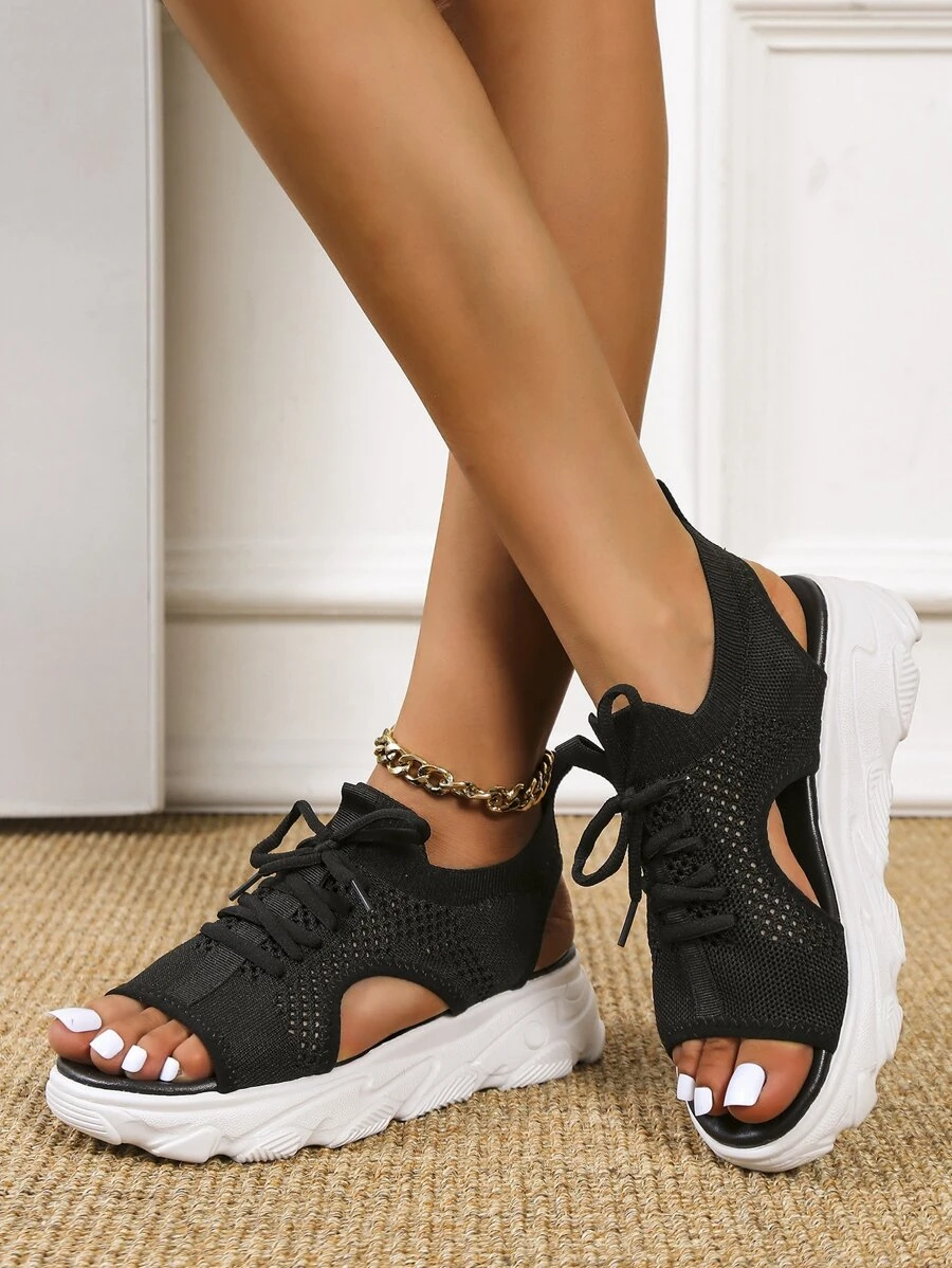 Giày Sandal Thể Thao Màu Đen Cho Nữ, Giày Sandal Khoét Lỗ Buộc Dây Phía Trước Ngày Lễ Tình Nhân - màu đen - Xem 1