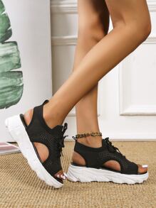 Giày Sandal Thể Thao Màu Đen Cho Nữ, Giày Sandal Khoét Lỗ Buộc Dây Phía Trước Ngày Lễ Tình Nhân - màu đen - Xem 3