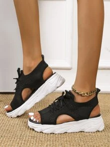 Giày Sandal Thể Thao Màu Đen Cho Nữ, Giày Sandal Khoét Lỗ Buộc Dây Phía Trước Ngày Lễ Tình Nhân - màu đen - Xem 4