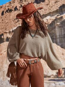 SHEIN VCAY Solid Drop Shoulder Crop Sweatshirt - Khaki - View 1