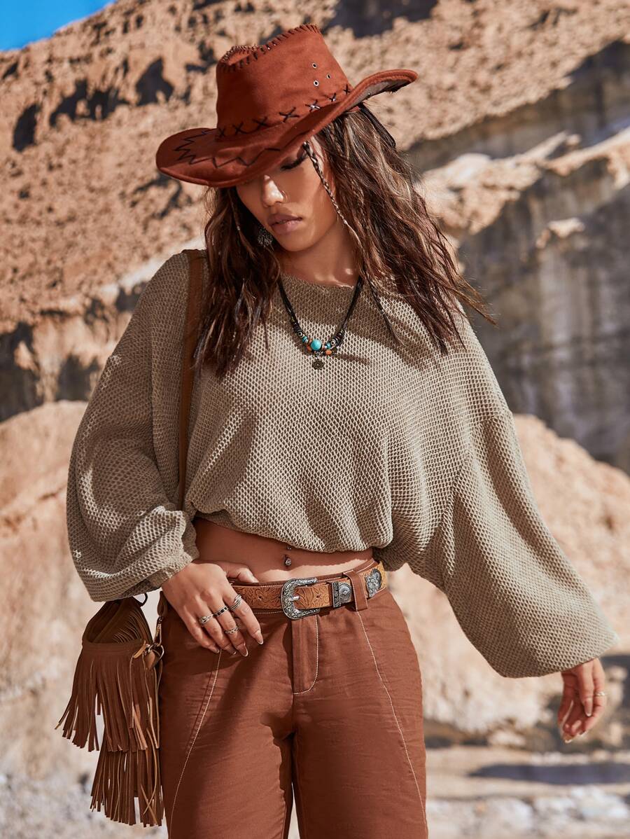 SHEIN VCAY Solid Drop Shoulder Crop Sweatshirt - Khaki - View 1