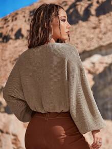 SHEIN VCAY Solid Drop Shoulder Crop Sweatshirt - Khaki - View 2