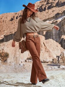 SHEIN VCAY Solid Drop Shoulder Crop Sweatshirt - Khaki - View 5