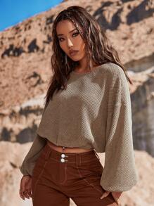 SHEIN VCAY Solid Drop Shoulder Crop Sweatshirt - Khaki - View 6