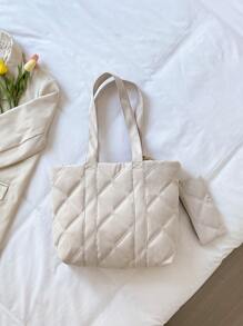 Quilted Detail Shoulder Tote Bag With Purse - Beige - View 5