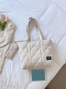 轻巧、商务休闲字母贴片装饰几何绗缝购物袋，带小袋，是送给妈妈的母亲节礼物，适合毕业生、少女、大一、大二、大三和大四学生的学校书包，适合大学、大学和高中学生，非常适合户外、旅行和返校，适合少女、女大学生、新秀和白领工作者，非常适合办公室、大学、工作、商务、通勤、户外、旅行、郊游 - 米色 - 查看 5