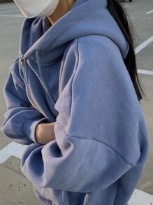 DAZY 落肩抽绳拉链保暖连帽衫、长袖上衣、秋季女装运动衫夹克 - 霧霾藍 - 查看 4