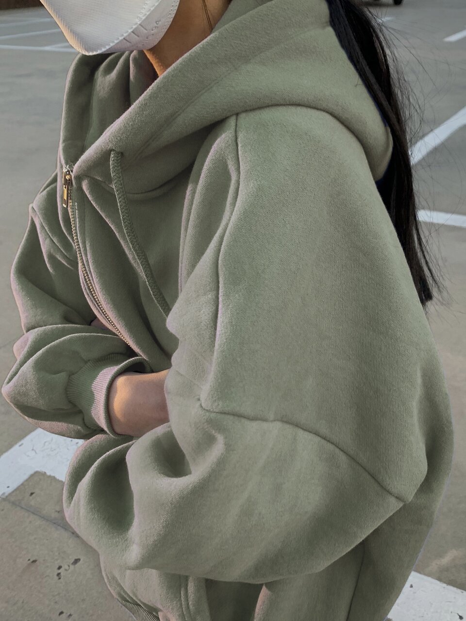 Drop Shoulder Drawstring Zipper Thermal Hoodie