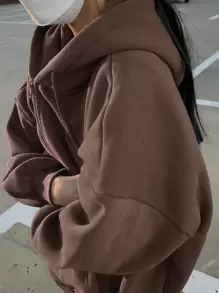DAZY Áo hoodie giữ nhiệt có dây rút dây kéo vai - Cà phê nâu - Xem 2