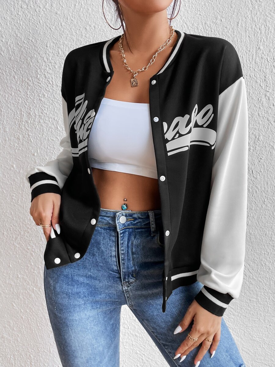 字母圖案落肩袖學院風夾克