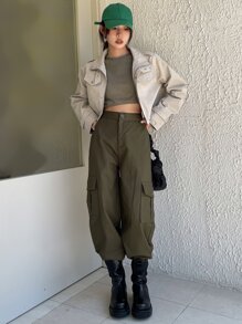 DAZY Áo khoác nữ Dây kéo Túi màu trơn Giải trí - Màu Khaki - Xem 10