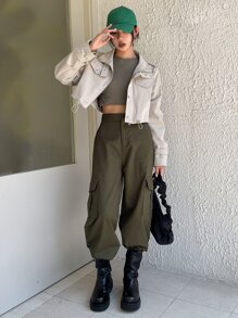 DAZY Áo khoác nữ Dây kéo Túi màu trơn Giải trí - Màu Khaki - Xem 11