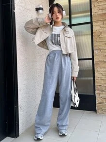 DAZY Áo khoác nữ Dây kéo Túi màu trơn Giải trí - Màu Khaki - Xem 12