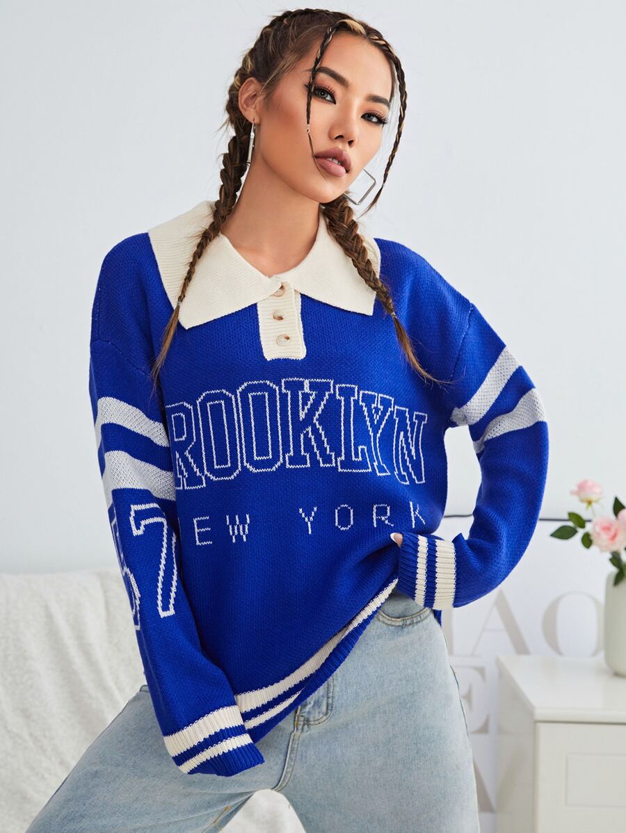 Jersey con patrón de letra de cuello polo ribete de rayas de hombros caídos - azul real - Ver 1