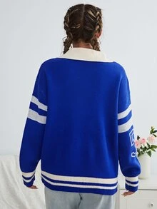 Jersey con patrón de letra de cuello polo ribete de rayas de hombros caídos - azul real - Ver 2