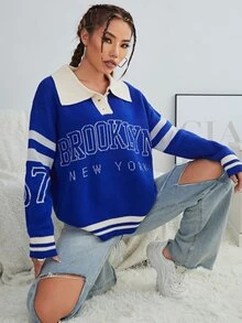 Jersey con patrón de letra de cuello polo ribete de rayas de hombros caídos - azul real - Ver 3